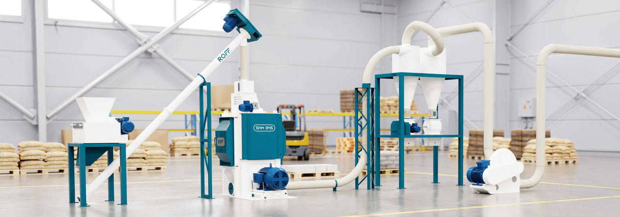 Roff cassava plant in warehouse with bags in background