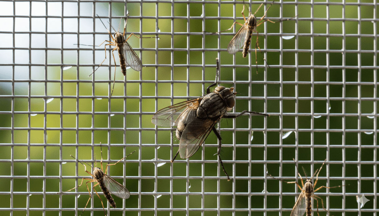 Insects on a mesh screen with a blurred green background
