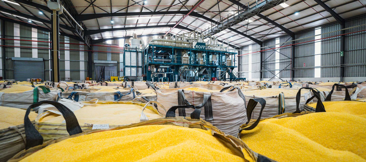 Roff C80 grits mill with grits in foreground