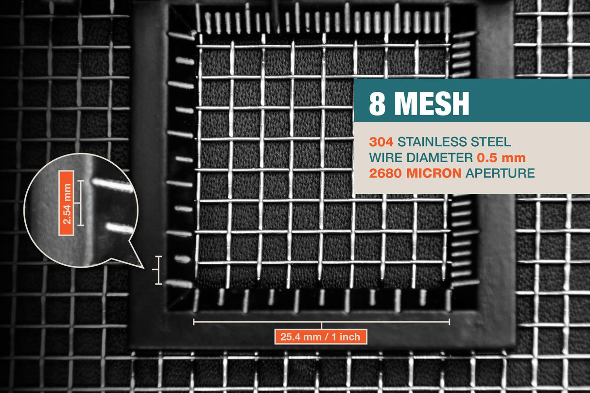 #8 Mesh | 304 Stainless Steel | 2680 Micron / 2.68mm Aperture (Hole Size) | 8 Mesh Wires per Inch | 0.5mm Wire Diameter | 1m x 1.32m
