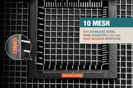 #10 Mesh | 304 Stainless Steel | 2200 Micron / 2.2mm Aperture (Hole Size) | 10 Mesh Wires per Inch | 0.34mm Wire Diameter | 1m x 1.32m