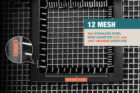 #12 Mesh| 304 Stainless Steel | 1807 Micron / 1.807mm Aperture (Hole Size) | 12 Mesh Wires per Inch | 0.31mm Wire Diameter | 1m x 1.32m