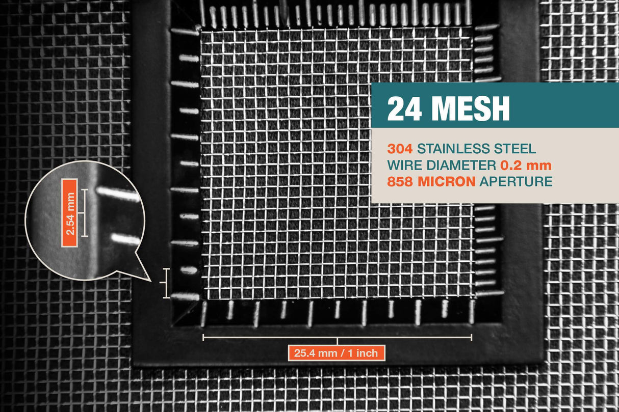 #24 Mesh | 304 Stainless Steel | 858 Micron / 0.858mm Aperture (Hole Size) | 24 Mesh Wires per Inch | 0.2mm Wire Diameter | 1m x 1.32m