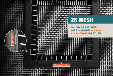 #26 Mesh | 304 Stainless Steel | 777 Micron / 0.777mm Aperture (Hole Size) | 26 Mesh Wires per Inch | 0.2mm Wire Diameter | 1m x 1.32m
