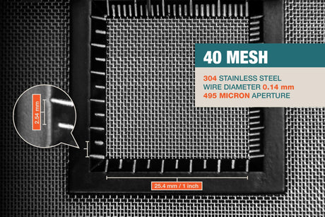 #40 Mesh | 304 Stainless Steel | 495 Micron / 0.495mm Aperture (Hole Size) | 40 Mesh Wires per Inch | 0.14mm Wire Diameter | 1m x 1.32m