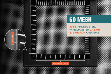 #50 Mesh | 304 Stainless Steel | 378 Micron / 0.378mm Aperture (Hole Size) | 50 Mesh Wires per Inch | 0.13mm Wire Diameter | 1m x 1.32m