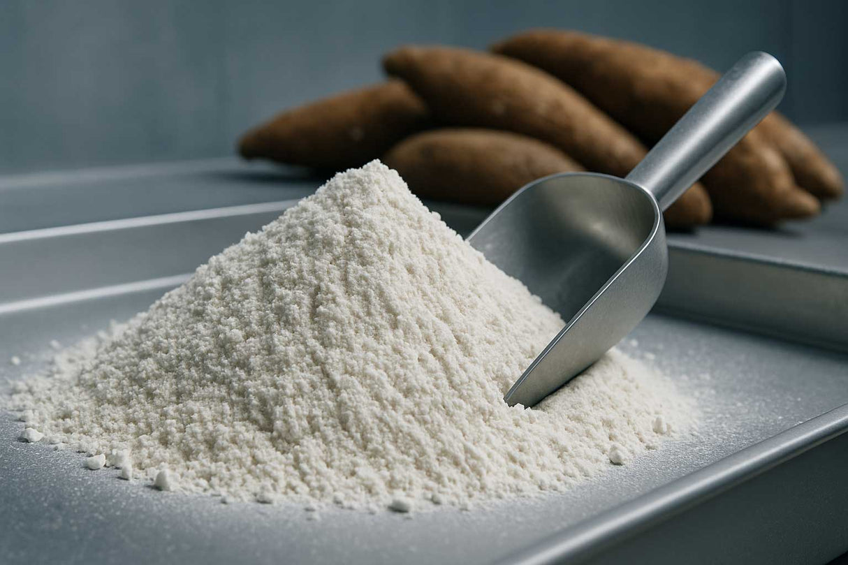 Cassava flour with cassava roots in the background