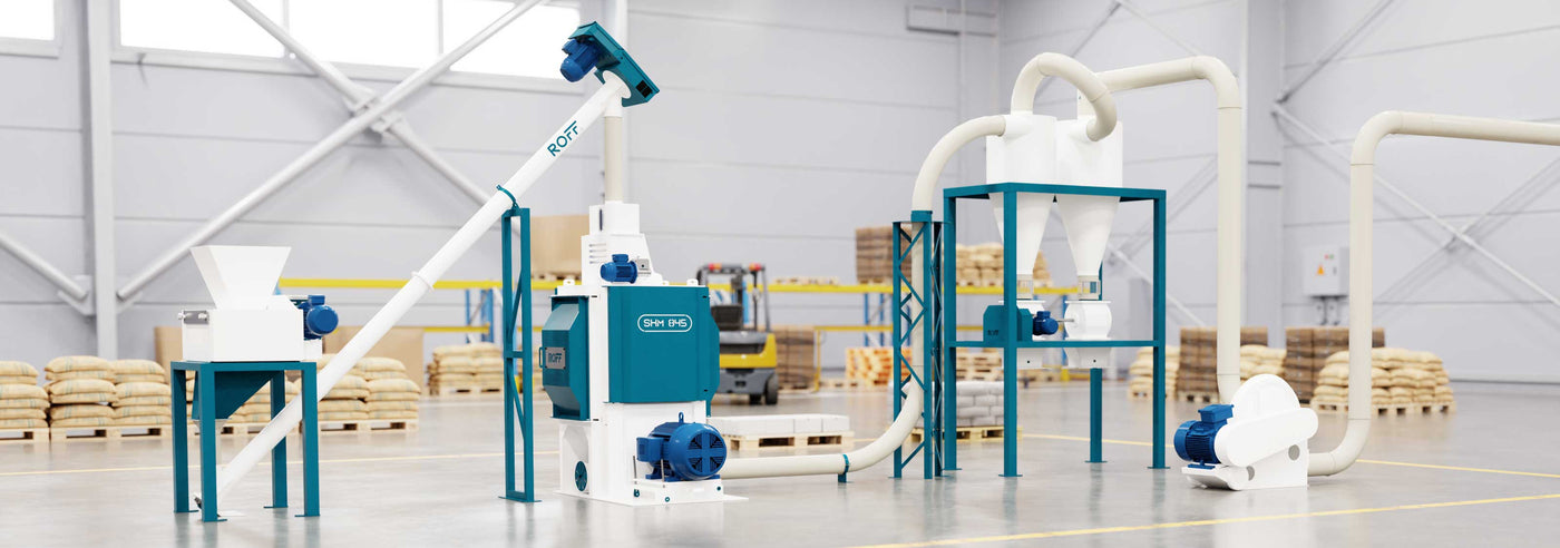 Roff cassava plant in warehouse with bags in background