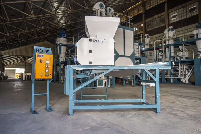 Roff Posho mill with hopper, control panel and screen deck in the Roff factory in Kroonstad
