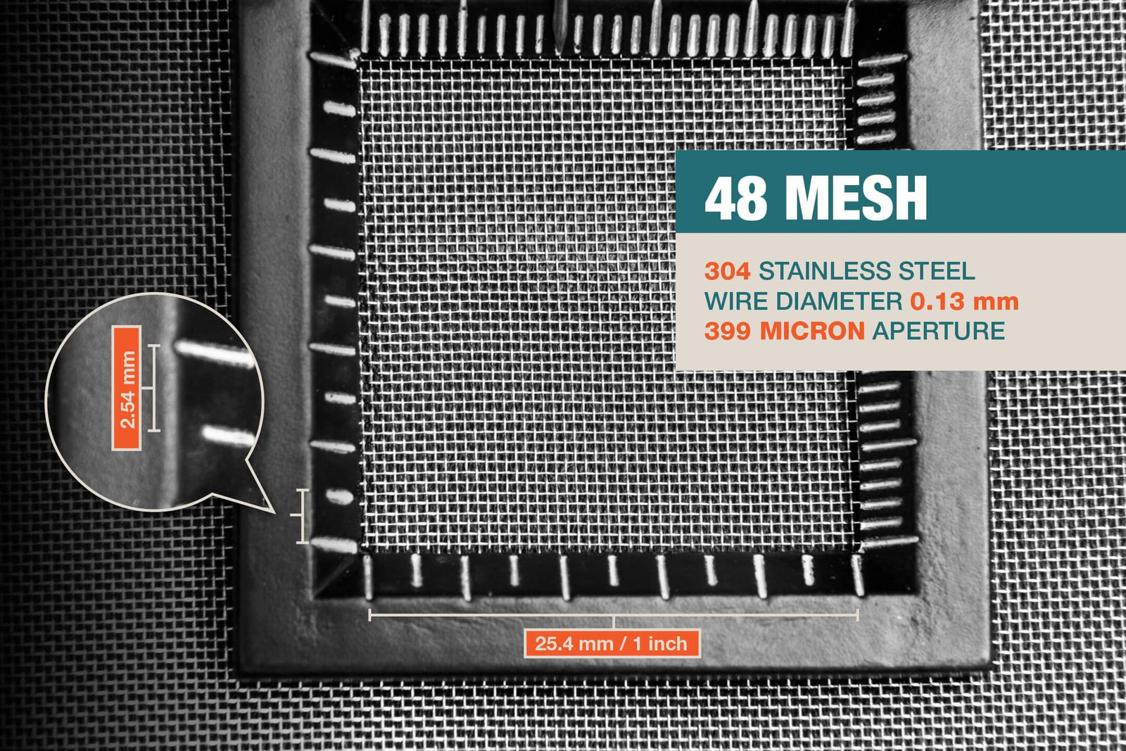 48 Mesh, 304 Stainless Steel, 0.399mm Hole Size, 0.13mm Wire Diameter,